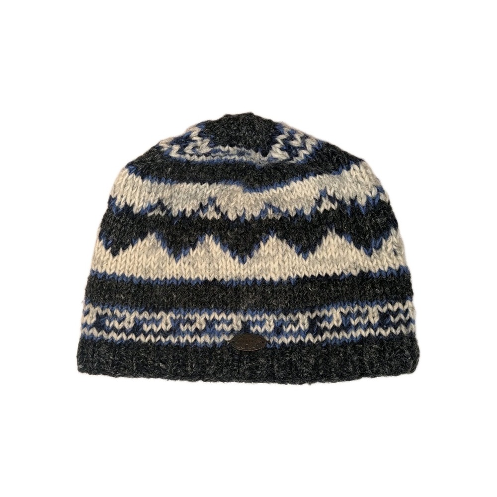 VTG Geometric Turtle Fur Wool Blend Knit Beanie Hat Gray Navy White Ski Nepal